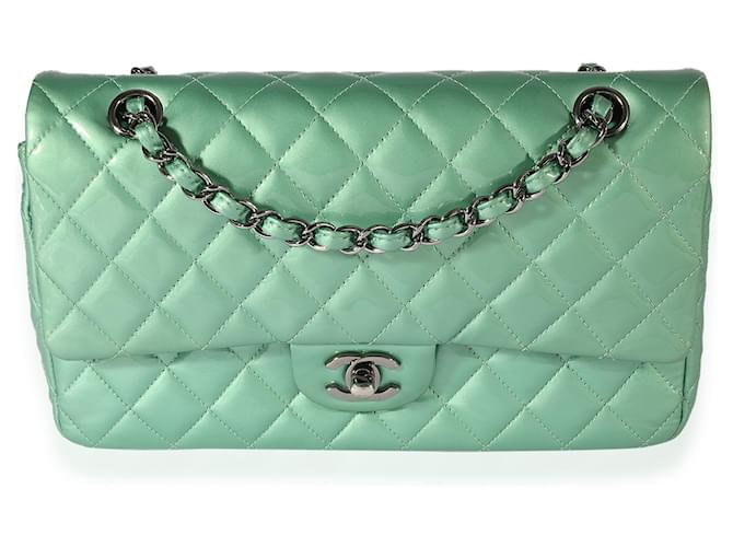 Chanel Seafoam Quilted Patent Leather Medium Classic lined Flap Bag Green  ref.632618