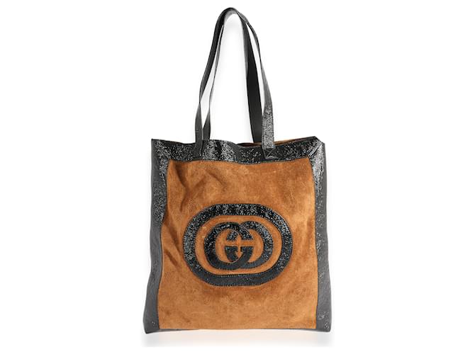 Gucci Brown Suede & Black Patent Leather Logo Tote   ref.632626