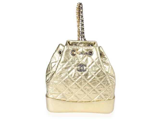 Chanel Metallic Gold Quilted calf leather Small Gabrielle Backpack Golden Pony-style calfskin  ref.632677