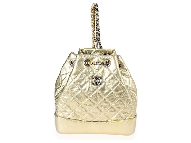 Chanel Metallic Gold Acolchoado couro de bezerro Mochila Gabrielle Pequena Dourado