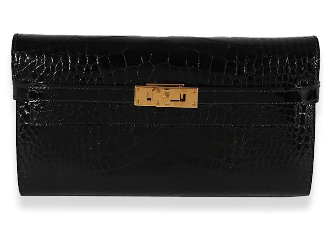 Hermès Hermes Black Shiny Alligator Classic Kelly Geldbörse Ghw Schwarz  ref.632681