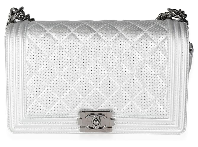 Chanel Silver Metallic Perforated Lambskin Large Boy Bag  Grey Leather  ref.632685