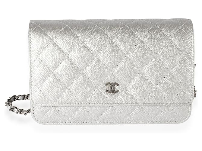 Chanel Silver Quilted Caviar Wallet On Chain  Grey Leather  ref.632711