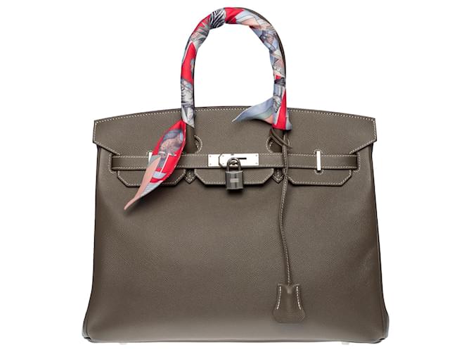 Hermès Superb & Rare Hermes Birkin handbag 35 cmHSS (Special Order/Horseshoe) in etoupe Epsom leather with white stitching, palladium silver metal trim Grey  ref.633056