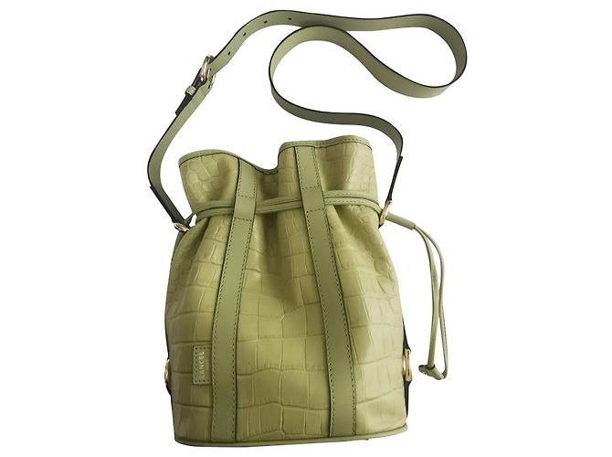 Elsa Sellier Bolsa saco Lancel Elsa PM em couro verde com estampa de crocodilo Verde claro Gold hardware