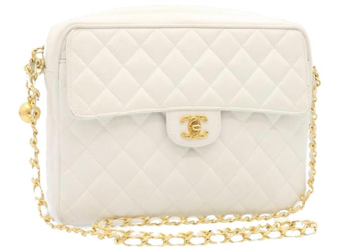 Chanel White Quilted Caviar Mini Chain Around Flap Bag Gold