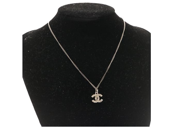 CHANEL Colgante Collar COCO Marca Plata CC Auth am163segundo