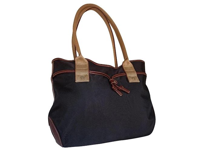 Borsa Lancel tote bag blu scuro e marrone pelle e tela