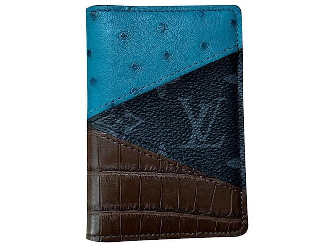 Louis Vuitton Taschenorganisator Braun Blau Anthrazitgrau Exotisches Leder Leinwand Straußenleder  ref.633962