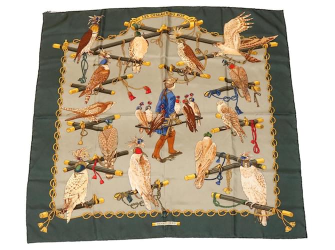 HERMÈS CARRÉ90 Foulard ""LES OISEAUX DU ROY"" Soie Vert Authentique2547g  ref.634006