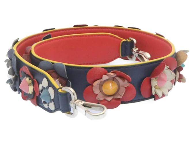 FENDI Flor Couro Marinho Vermelho Auth am2219g Azul marinho  ref.634199