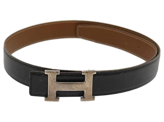 Hermès HERMES Constance H Buckle Belt Leather Black Silver Auth am2366g Silvery  ref.634263