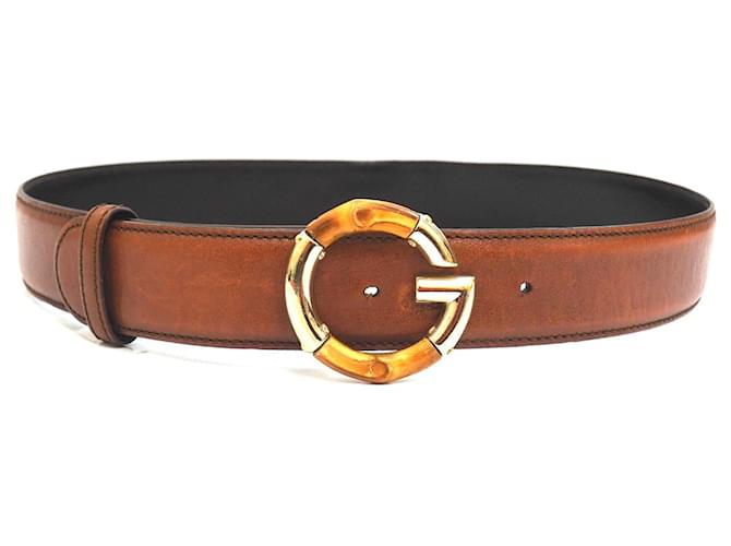 Gucci G Bamboo leather belt in brown Size 80 / 32 Bronze Gold hardware  ref.634439