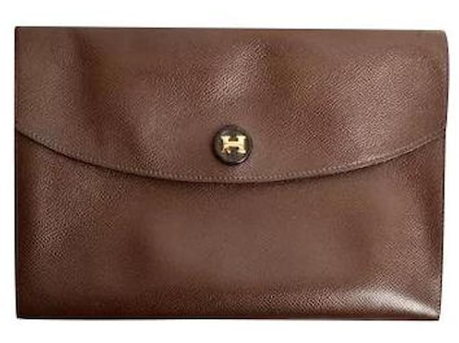 Hermès * Hermes Pochette Rio Clutch Bag Leather T Engraving Document Case Pouch Vintage Men's Women's Brown Brown  ref.634745