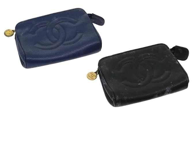 CHANEL Estuche Caviar Skin Black Navy CC Auth am2693sol Negro Azul marino Cuero  ref.635163