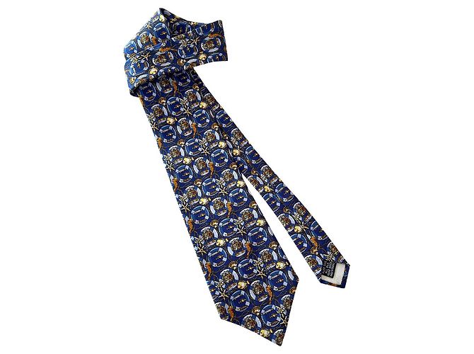Autre Marque magnífica nueva corbata de seda estampada "Le Divellec" de coleccionista Azul Dorado