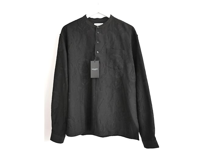 Saint Laurent Camisa negra de jacquard flocado Negro Lana Acetato  ref.635463