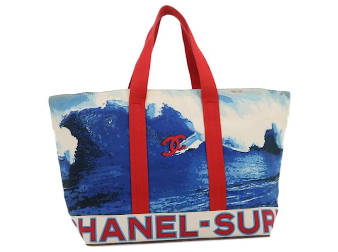 CHANEL Surf line Tote Bag Canvas Blu Rosso CC Auth yk4388alla Tela  ref.635615