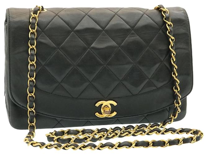 CHANEL Diana Matelasse Chain Flap Shoulder Bag Lamb Skin Black Gold Auth 25036a Golden Leather  ref.635815