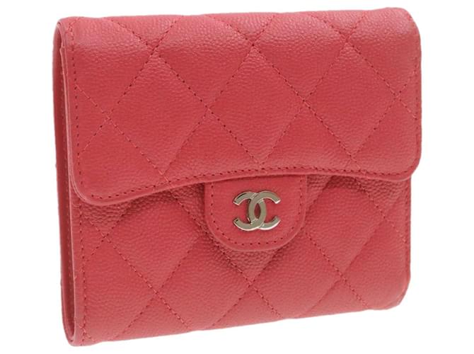 CHANEL Caviar Skin Matelasse Wallet Pink Red CC Auth 18734a