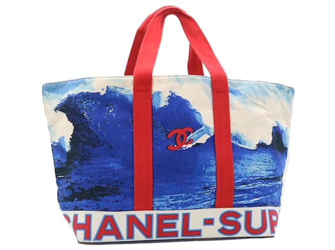 CHANEL Surf line Tote Bag Toile Bleu Rouge CC Auth yk3999A  ref.635895