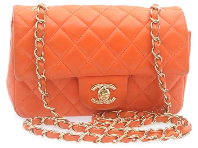 CHANEL Matelasse Mini Chain Flap Classic Shoulder Bag Lamb Skin Orange CC  29106a