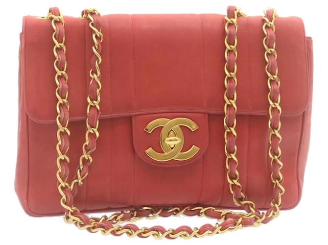 CHANEL Mademoiselle Big Coco Double Chain Shoulder Bag Lamb Skin Red Auth  29129A