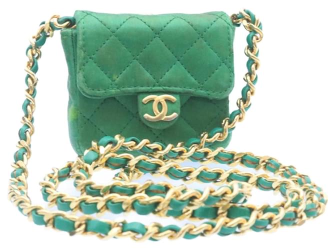 CHANEL Mini Matelasse Chain Pouch Shoulder Bag Satin Green Gold CC