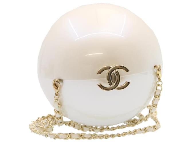 CHANEL Sphere Ball Chain Shoulder Bag White Gold CC Auth 26777a Golden Plastic  ref.636238
