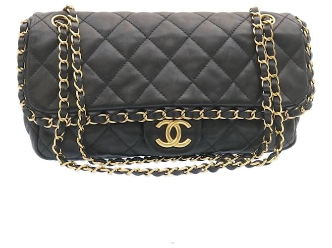 CHANEL Matelasse Chain Flap Schultertasche Lammfell Schwarz Gold CC Auth 27027BEIM Golden Leder  ref.636247