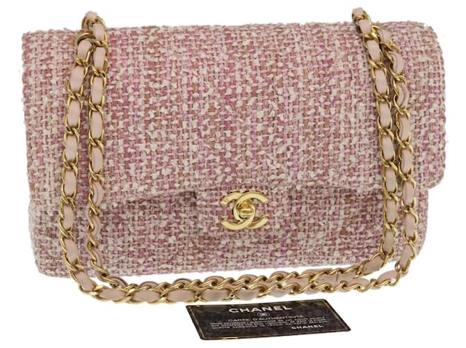 CHANEL Matelasse Tweed Turn Lock Double Flap Shoulder Bag Pink CC Auth  29334A Cloth ref.636292 - Joli Closet