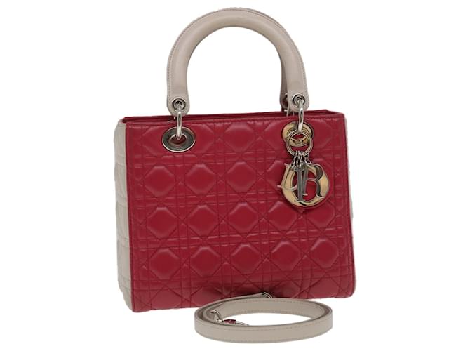 Christian Dior Lady Dior Cannage Medium Hand Bag Lamb Skin Red White Auth 29502a Leather  ref.636315