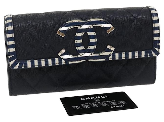 CHANEL Matelasse Cruise Line Long Wallet Caviar Skin Navy CC Auth 29542a Navy blue Leather  ref.636326