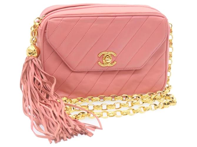 Bolsa de ombro CHANEL Mademoiselle com corrente de franjas pele de cordeiro ouro rosa CC Auth 28272NO Dourado Couro  ref.636467