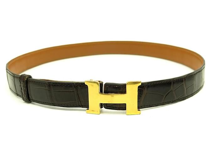 Hermès CINTURON VINTAGE HERMES CONSTANCE CUERO COCODRILO POROSUS T80 Hebilla del cinturón Negro Cueros exoticos  ref.636851
