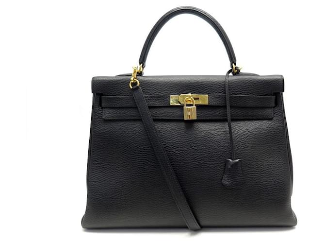 Hermès SAC A MAIN HERMES KELLY 35 RETOURNE CUIR GRAINE NOIR BANDOULIERE HAND BAG PURSE  ref.636854