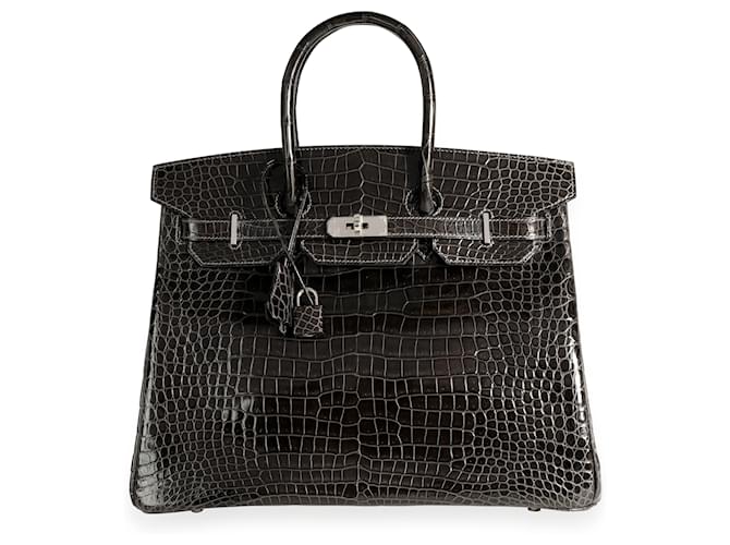 Hermès Hermes Graphite Shiny Porosus Crocodile Birkin 35 PHW Brown  ref.637078