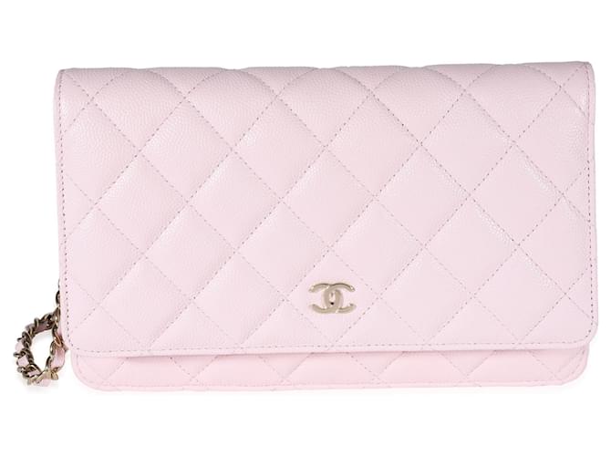Wallet On Chain Carteira de caviar acolchoada rosa pálido Chanel com corrente Couro  ref.637118