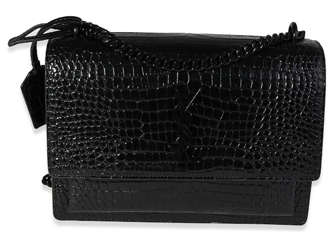 Saint Laurent So Black Crocodile-embossed Medium Sunset Bag   ref.637133