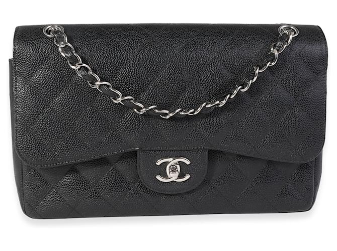 Chanel Black Quilted Caviar Jumbo Classic bolso con solapa forrado Negro Cuero  ref.637154