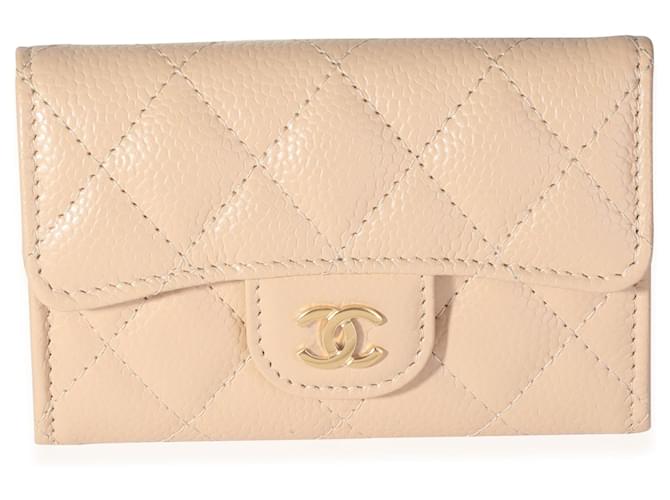 Chanel Beige Quilted Caviar Flap Card Holder Wallet Flesh Leather
