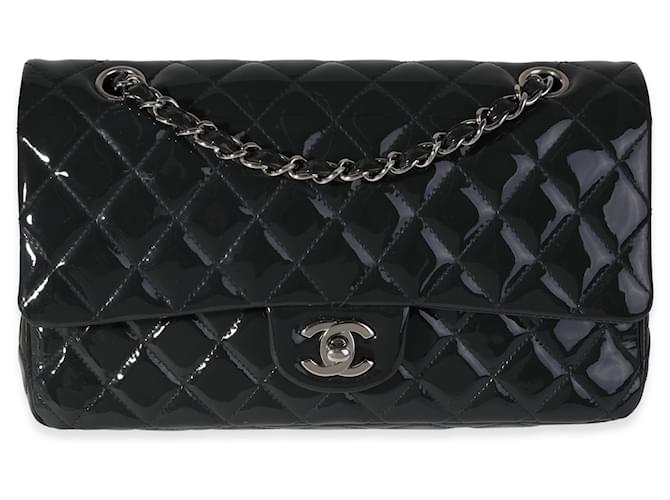 Bolsa Chanel Shadow & Blue acolchoada couro envernizado médio com aba com forro clássico Preto  ref.637173