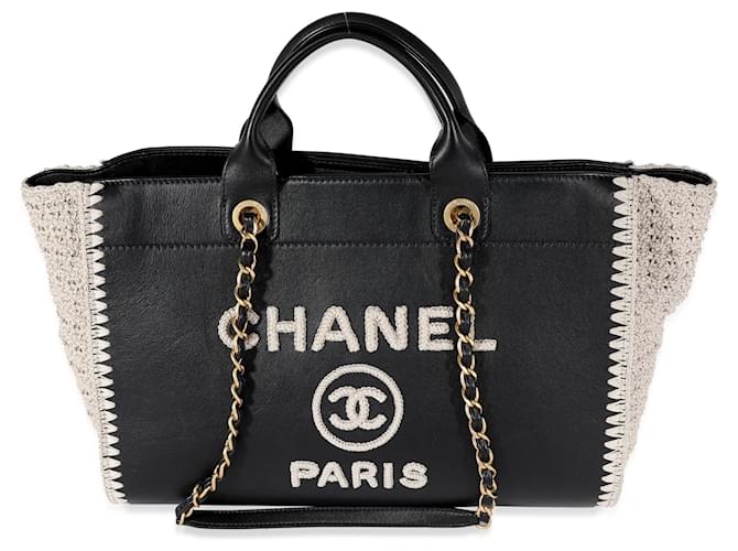 Chanel Schwarzes Leder &amp; Beige gehäkelte große Deauville-Tasche  ref.637193