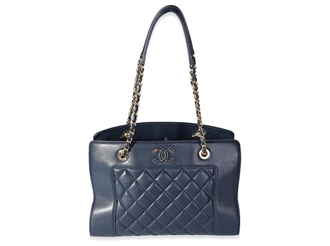Borsa shopping vintage Mademoiselle in pelle trapuntata blu navy di Chanel  ref.637216
