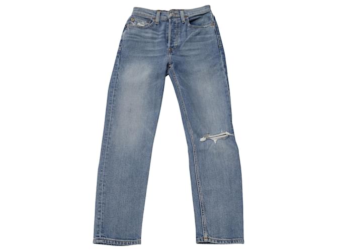 Re/Done Jeans Reto Cropped Distressed Refeito em Blue Denim Azul Azul claro John  ref.637262