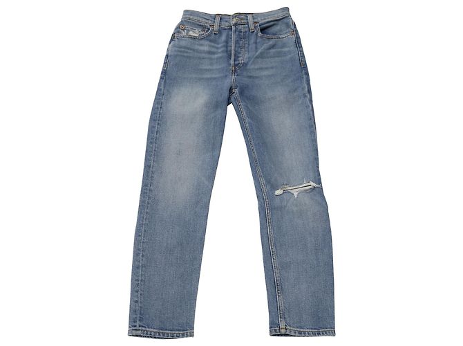 Re/Done Jeans Reto Cropped Distressed Refeito em Blue Denim Azul Azul claro