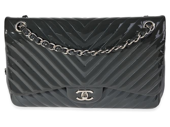 Chanel Navy Chevron Quilted Patent Jumbo Classic Double Flap Bag  Blue Leather Patent leather  ref.637267