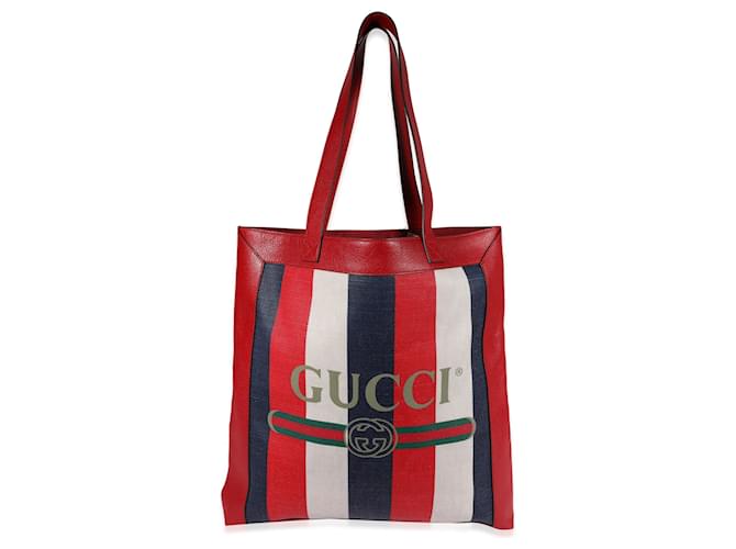 Gucci Rouge, Blanc, & Cabas en toile et cuir à rayures logo bleu  ref.637277