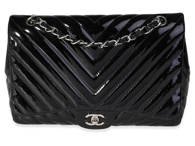 Chanel Black Chevron Quilted Patent Leather Jumbo Classic Single Flap Bag   ref.637290