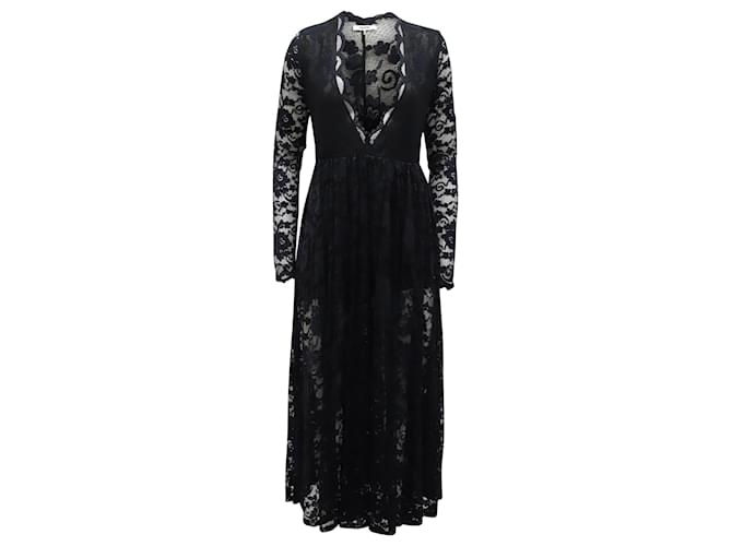 Ganni Deep Neckline Lace Midi Dress in Black Polyamide Blend Nylon  ref.637482